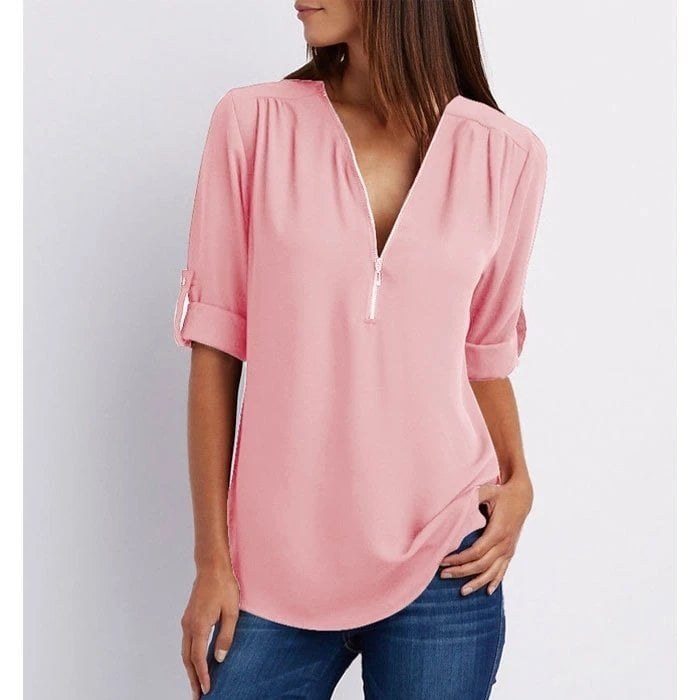 Sophie Women's Zip V-Neck 3/4 Sleeve Blouse Casual Top in Pink