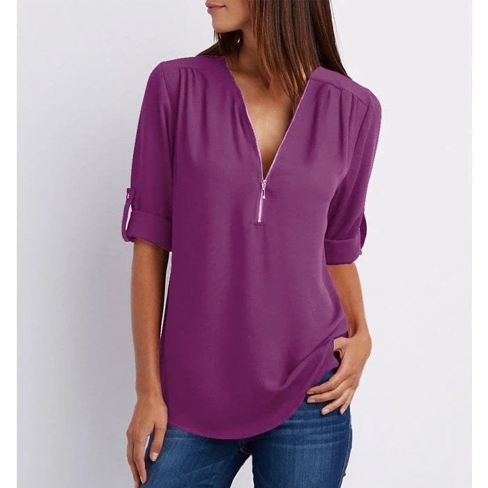 Sophie Women's Zip V-Neck 3/4 Sleeve Blouse Casual Top in Purple