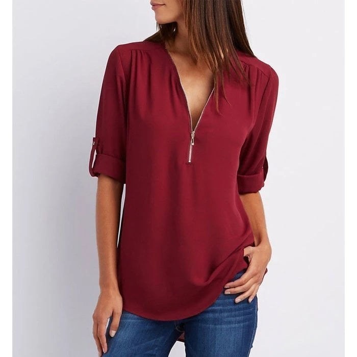 Sophie Women's Zip V-Neck 3/4 Sleeve Blouse Casual Top in Red