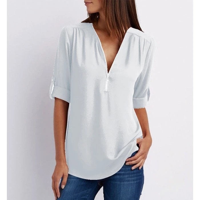 Sophie Women's Zip V-Neck 3/4 Sleeve Blouse Casual Top in White
