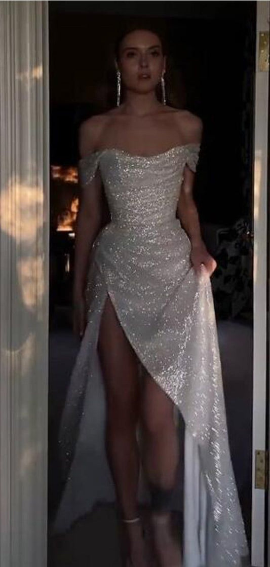 Sparkly Ivory Mermaid Off Shoulder High Slit Cheap Long Prom Dresses