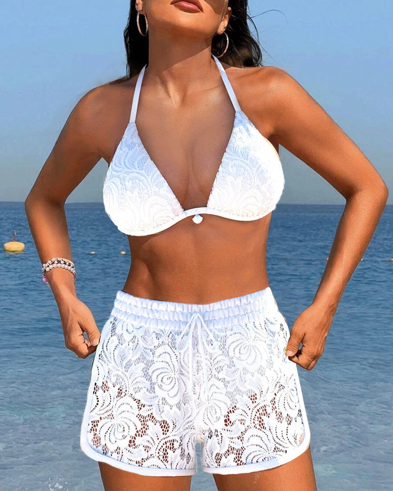 Stacey™ Elegant Solid Lace Bikini Set in White