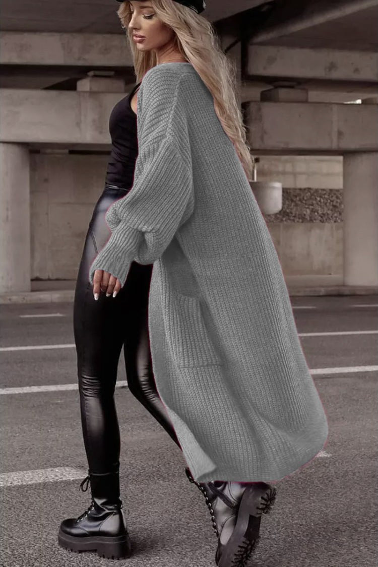 Stefania Casual Knit Cardigan with Pockets and Oversized in Light Grey
