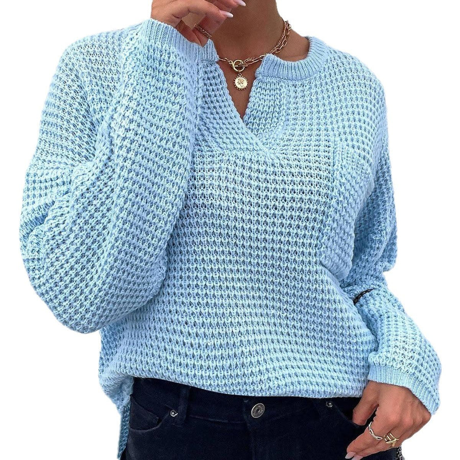 Stefania Casual Knit Sweater with V-Neck in Black
