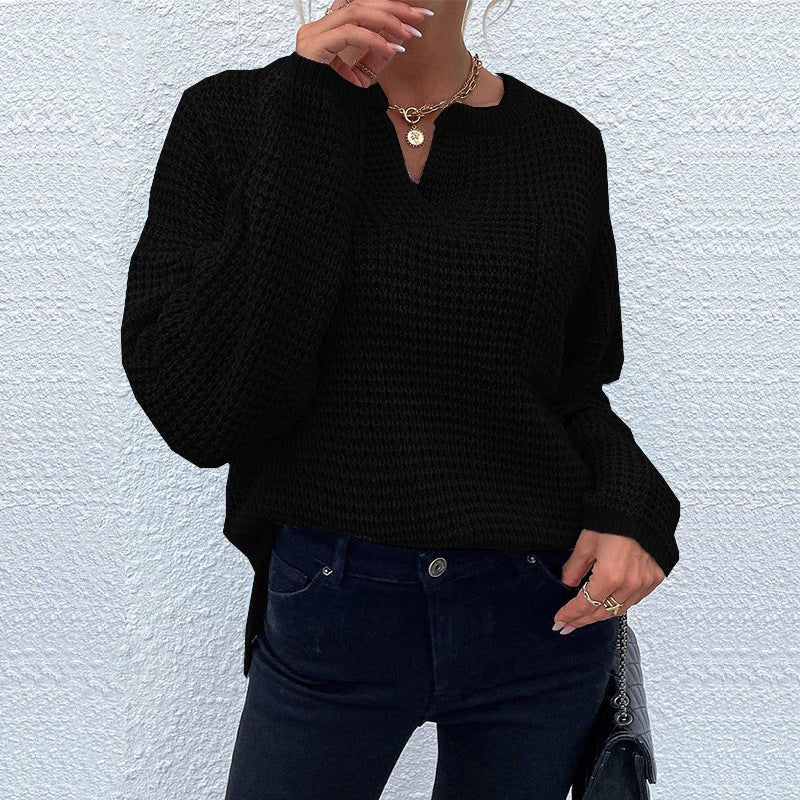 Stefania Casual Knit Sweater with V-Neck in Black