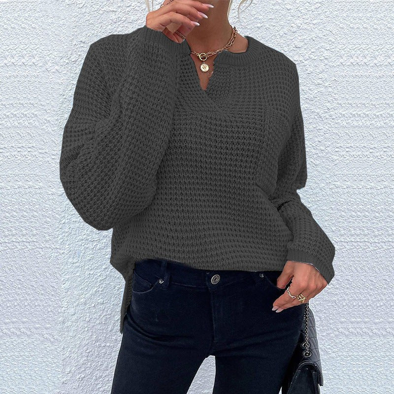 Stefania Casual Knit Sweater with V-Neck in Dark Grey