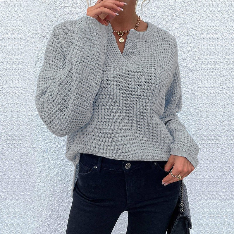 Stefania Casual Knit Sweater with V-Neck in Light Grey