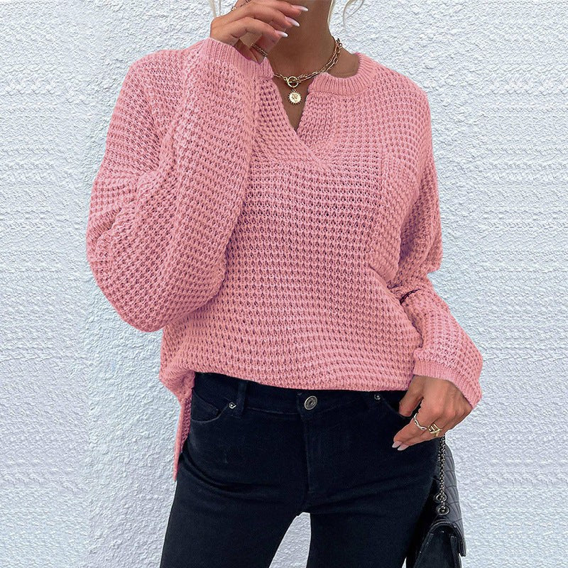 Stefania Casual Knit Sweater with V-Neck in Pink