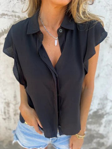 Stefania Elegant Blouse with Short Sleeve and Ruffles in Black