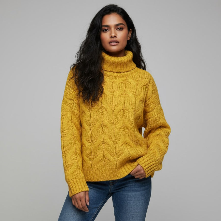 Stella Cable Knit Turtleneck in Mustard Yellow