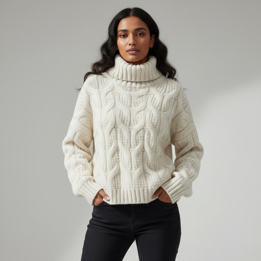Stella Cable Knit Turtleneck in Pearl