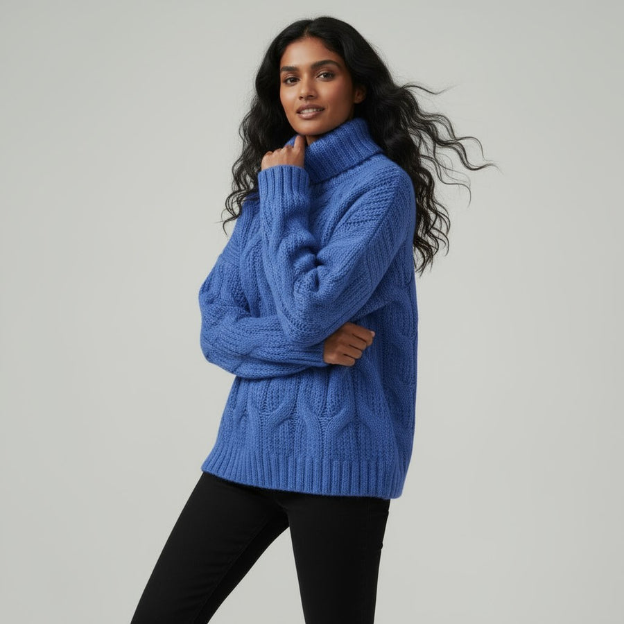 Stella Cable Knit Turtleneck in Royal Blue