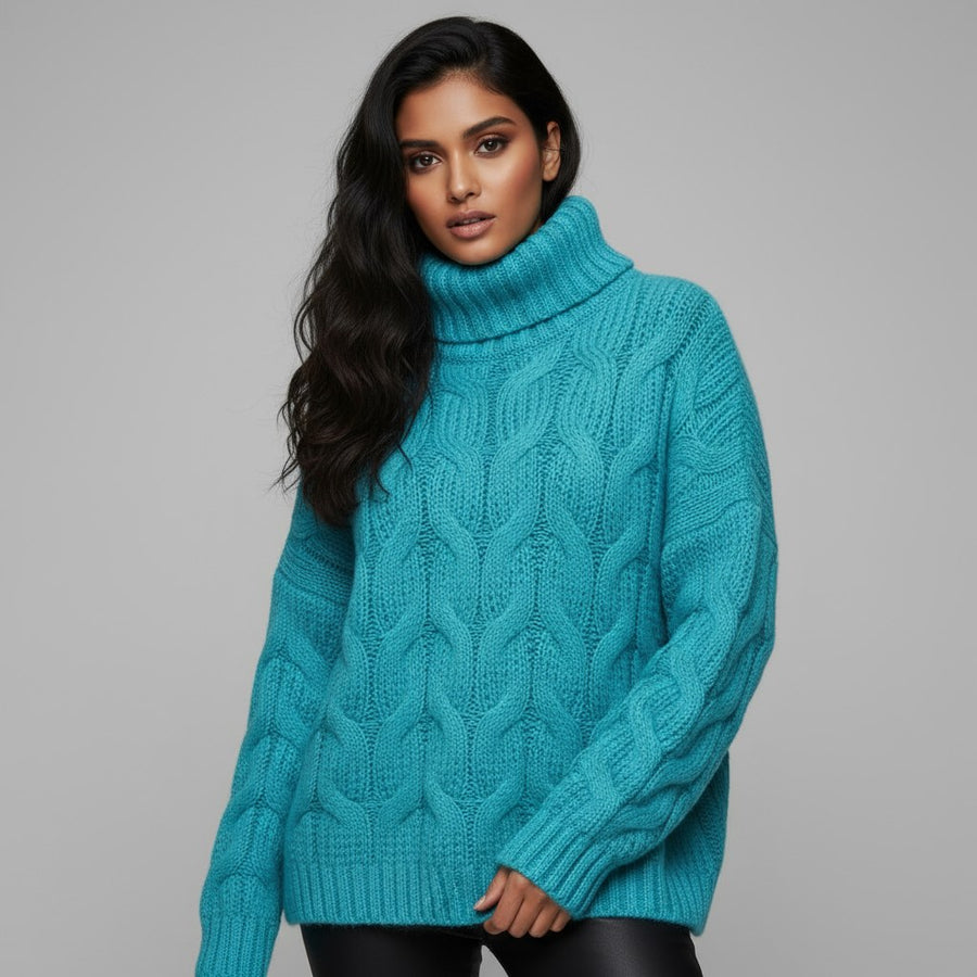 Stella Cable Knit Turtleneck in Teal