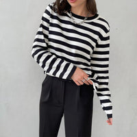Stella Women's Striped Knit Sweater Long Sleeve Crew Neck Pullover in Black
