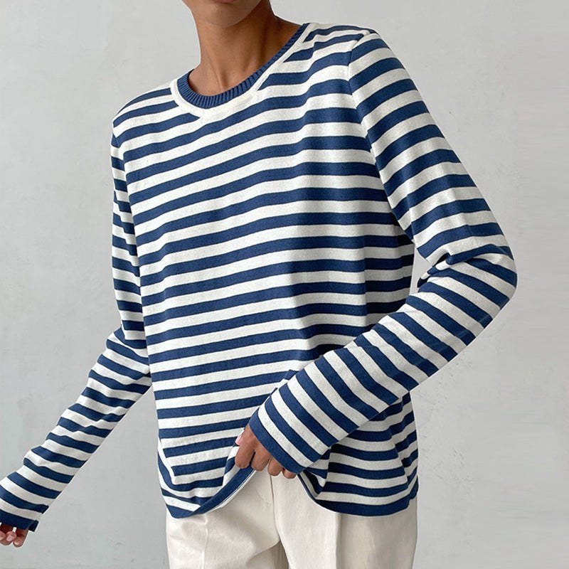 Stella Women's Striped Knit Sweater Long Sleeve Crew Neck Pullover in Blue
