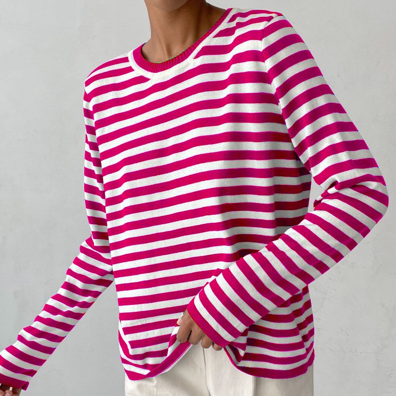 Stella Women's Striped Knit Sweater Long Sleeve Crew Neck Pullover in Pink