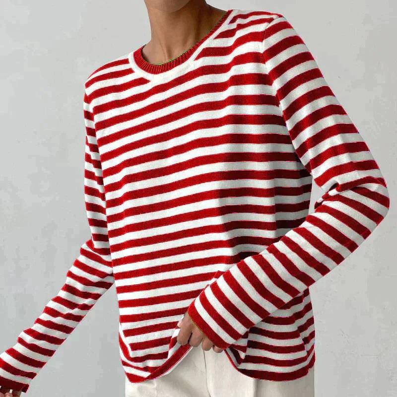 Stella Women's Striped Knit Sweater Long Sleeve Crew Neck Pullover in Red