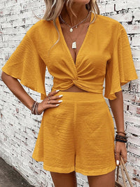 Stella Women's Twist Front Crop Top & Shorts Co-ord Set in Yellow