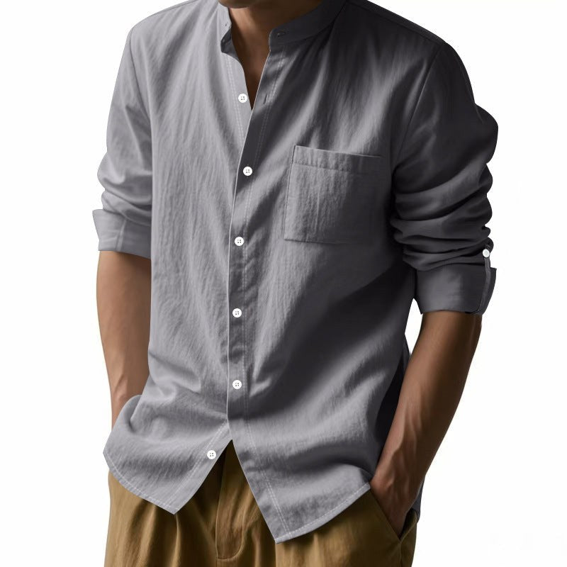 Sten Linen Shirt with Stand Collar and Chest Pocket