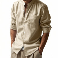 Sten Linen Shirt with Stand Collar and Chest Pocket