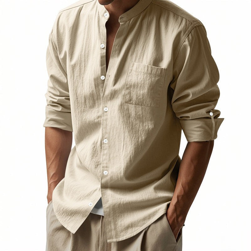 Sten Linen Shirt with Stand Collar and Chest Pocket