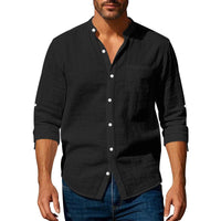 Sten Linen Shirt with Stand Collar and Chest Pocket in Black