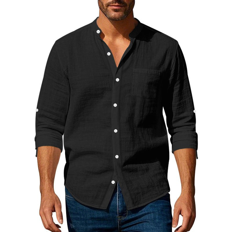 Sten Linen Shirt with Stand Collar and Chest Pocket in Black
