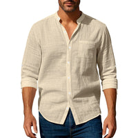 Sten Linen Shirt with Stand Collar and Chest Pocket in Khaki
