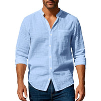 Sten Linen Shirt with Stand Collar and Chest Pocket in Light Blue