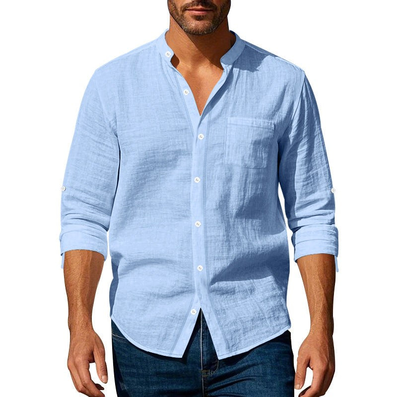 Sten Linen Shirt with Stand Collar and Chest Pocket in Light Blue