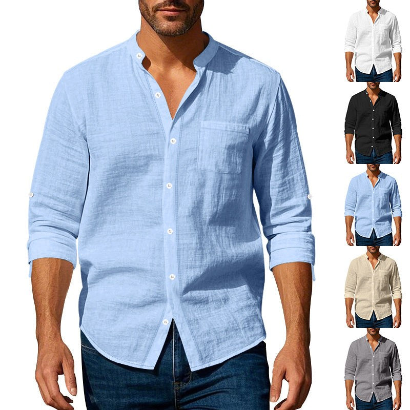 Sten Linen Shirt with Stand Collar and Chest Pocket