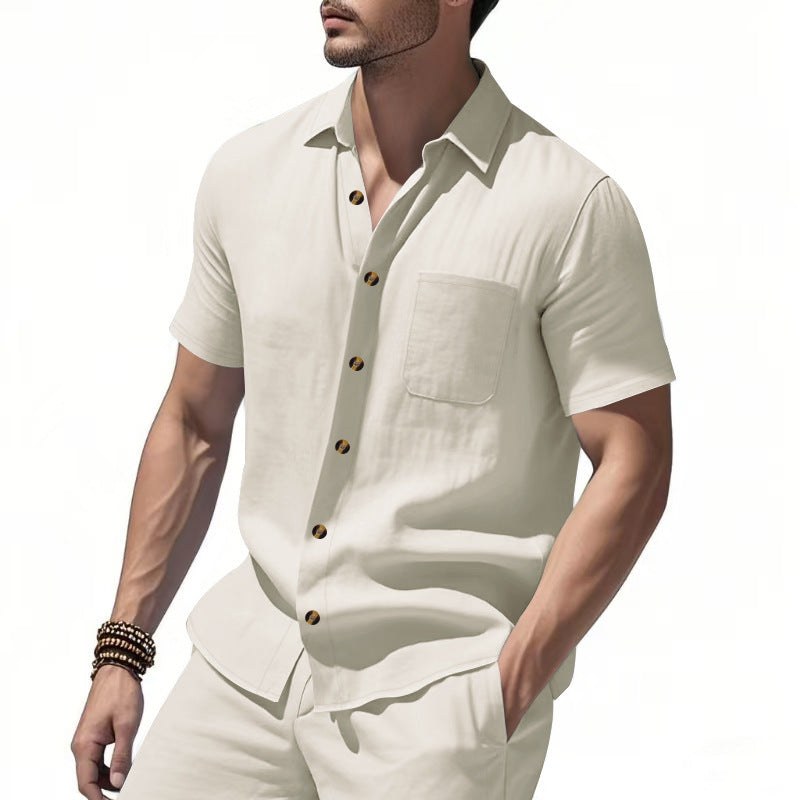 Stijn Linen Blend Shirt with Short Sleeve and Drawstring Waist in Apricot