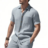 Stijn Linen Blend Shirt with Short Sleeve and Drawstring Waist in Grey