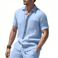 Stijn Linen Blend Shirt with Short Sleeve and Drawstring Waist in Light Blue