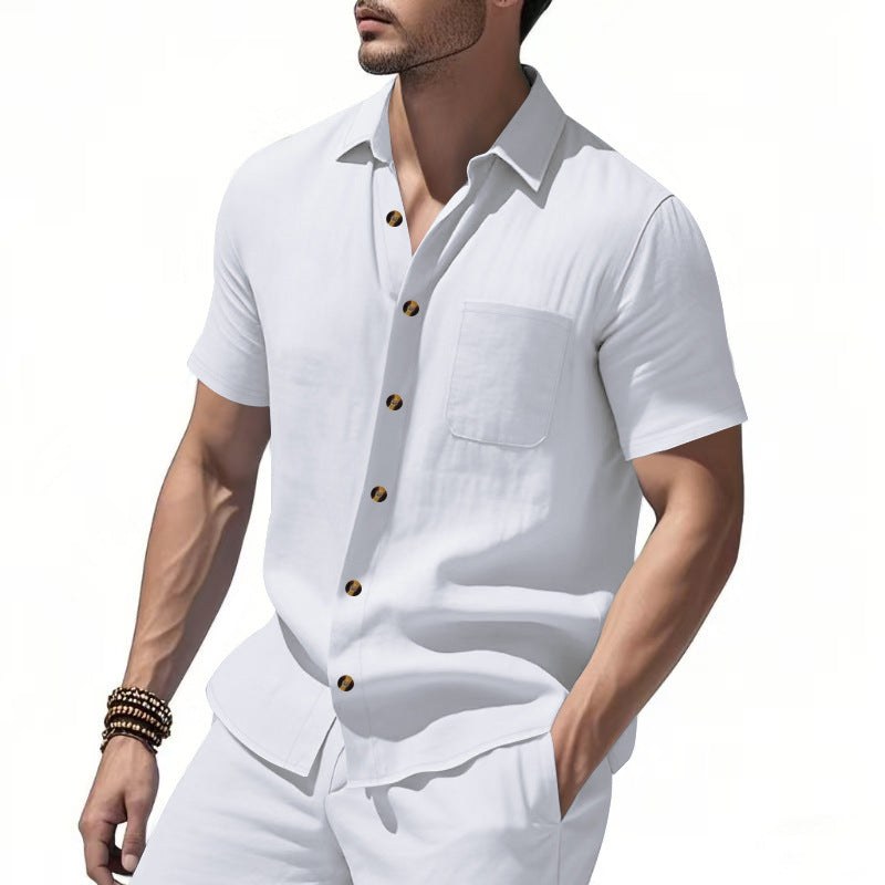 Stijn Linen Blend Shirt with Short Sleeve and Drawstring Waist in White