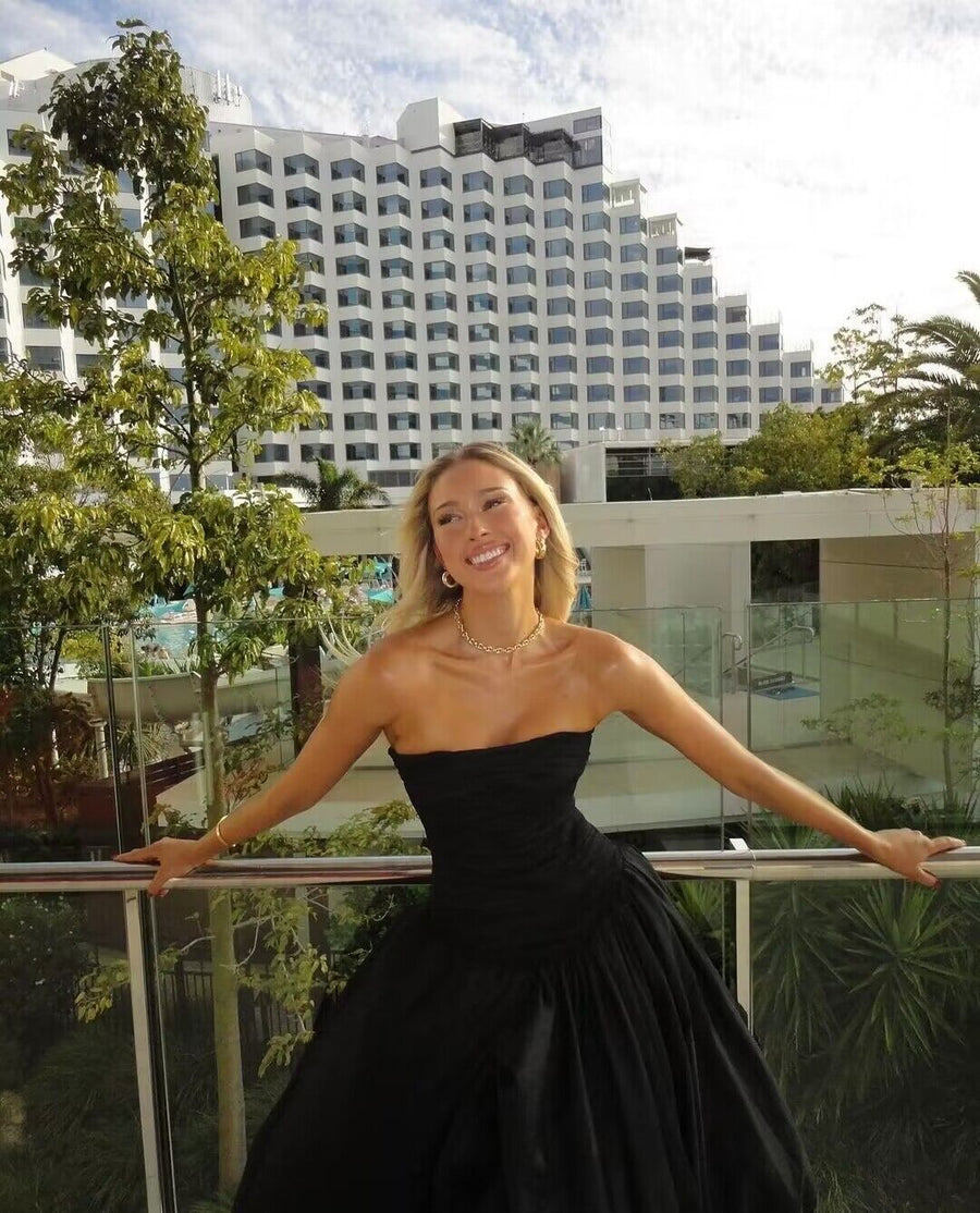 Strapless Black A Line Long Prom Dresses With Slit