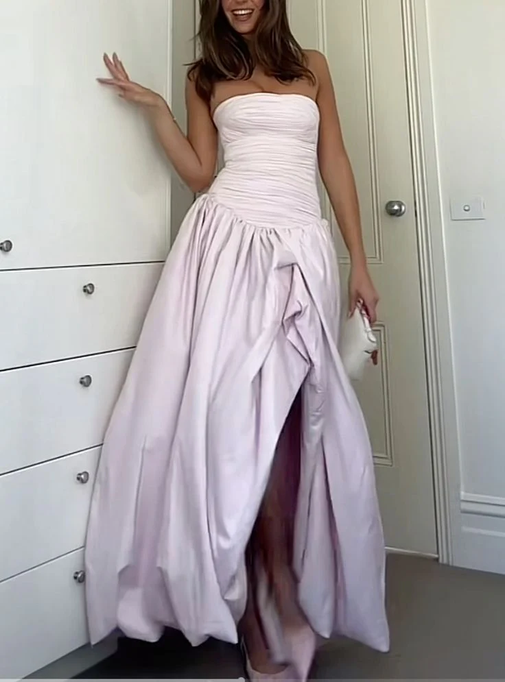 Strapless Black A Line Long Prom Dresses With Slit