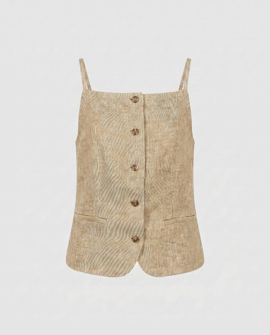 Suki Casual Linen Top with Button Front in Beige