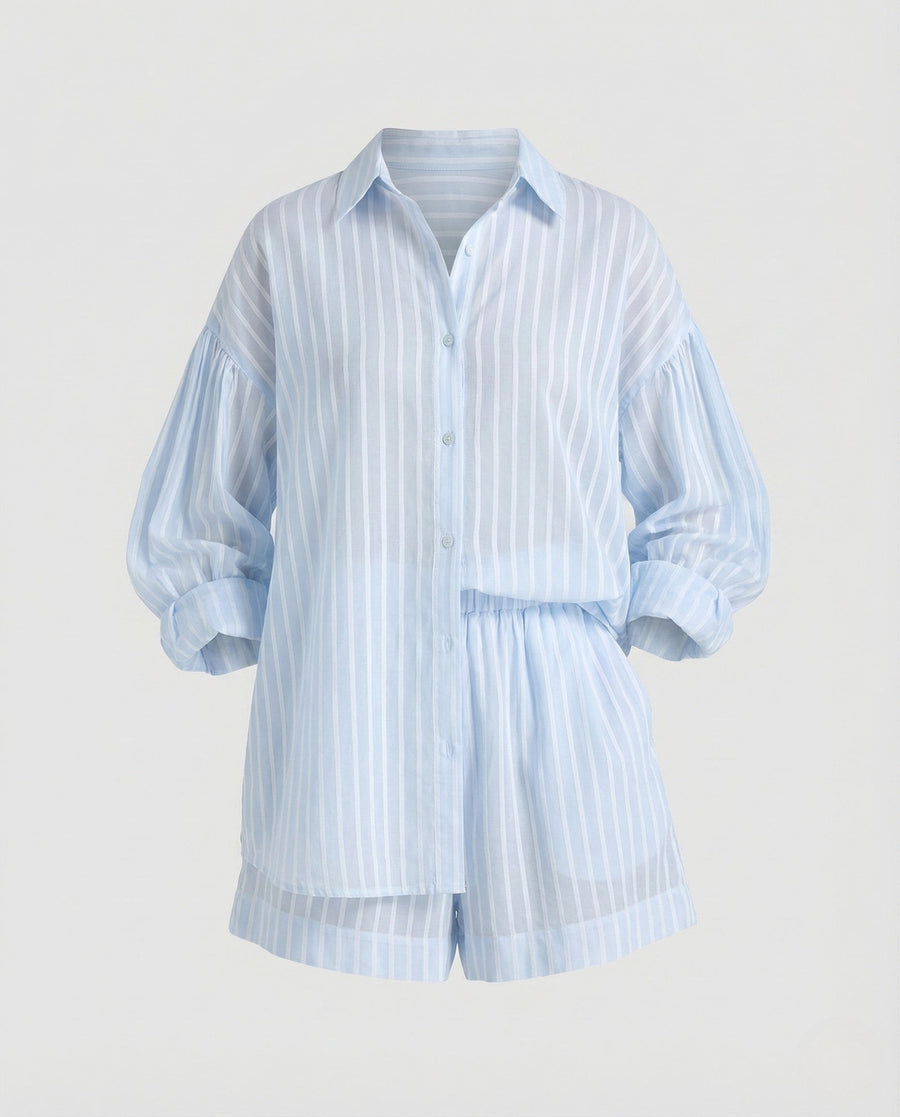 Suki Linen Blouse with Drawstring Waist in Blue