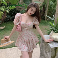 Summer Women Puff Sleeve Backless Midi Dress Vintage Floral Print Blue Sundress Elegant