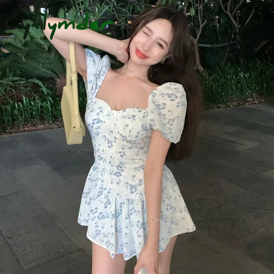 Summer Women Puff Sleeve Backless Midi Dress Vintage Floral Print Blue Sundress Elegant