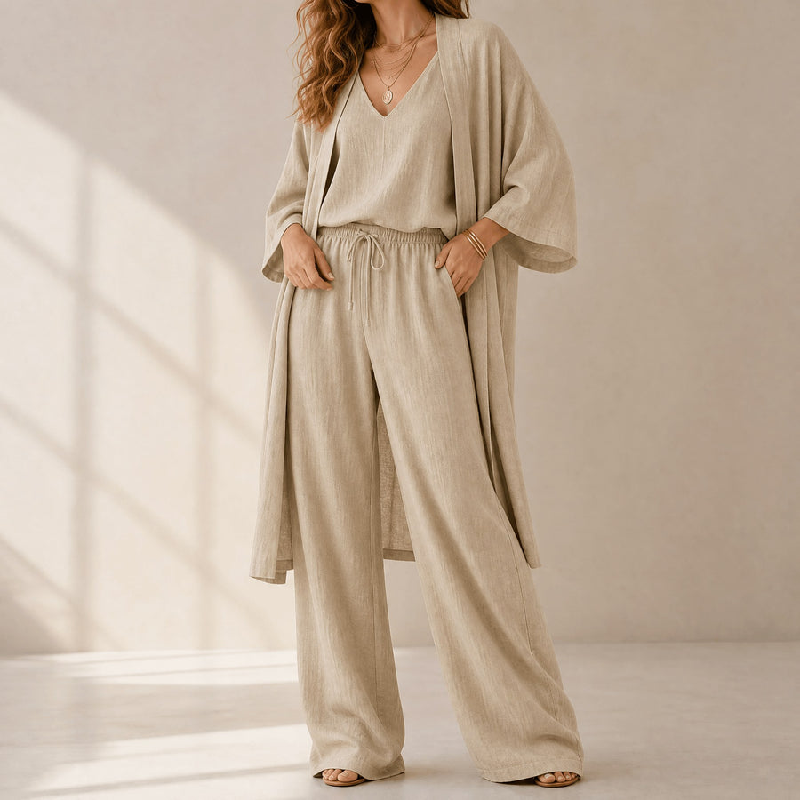 Sunniva Women's 3-Piece Loungewear Set Wide Leg Pants in Khaki