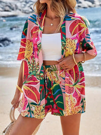 Sunny Women's 2 Piece Printed Kimono Cardigan and Shorts Set in Dark Pink