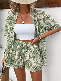 Sunny Women's 2 Piece Printed Kimono Cardigan and Shorts Set in Green