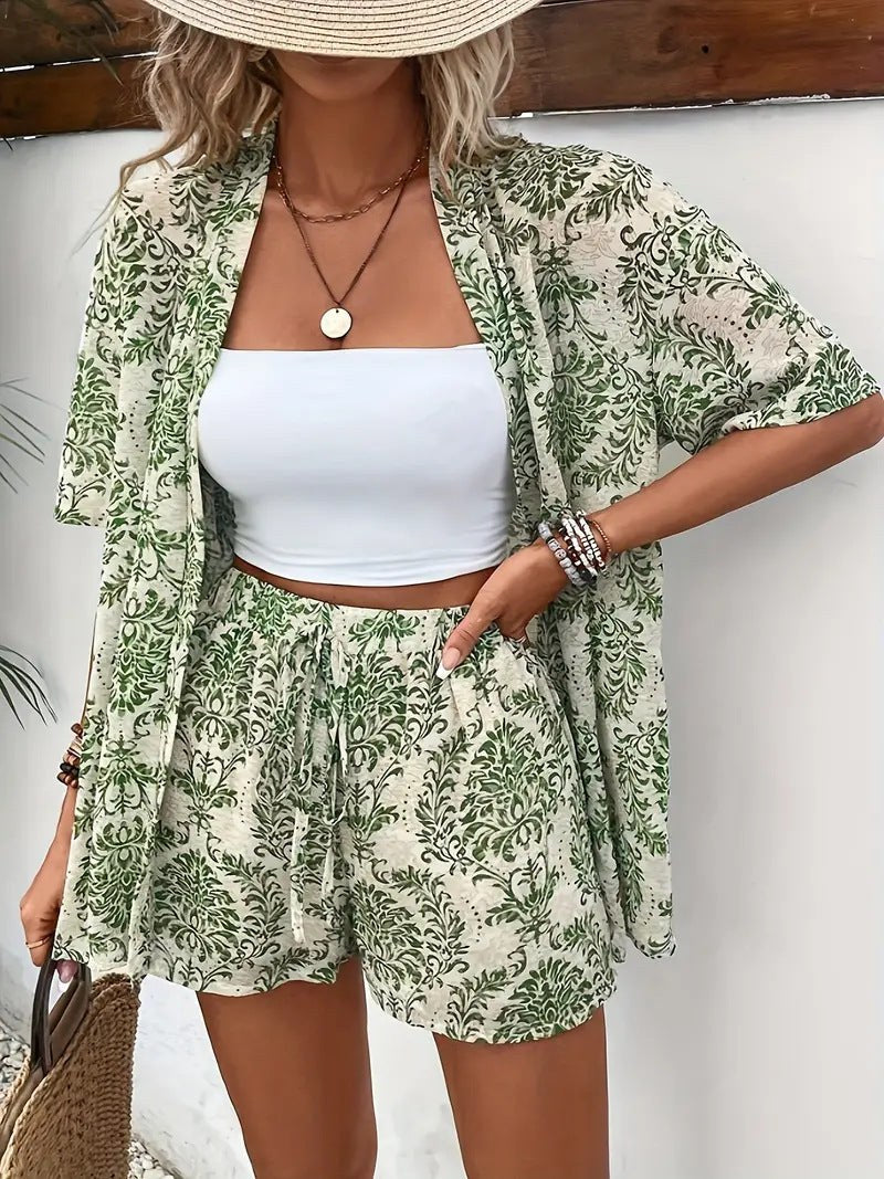 Sunny Women's 2 Piece Printed Kimono Cardigan and Shorts Set in Green