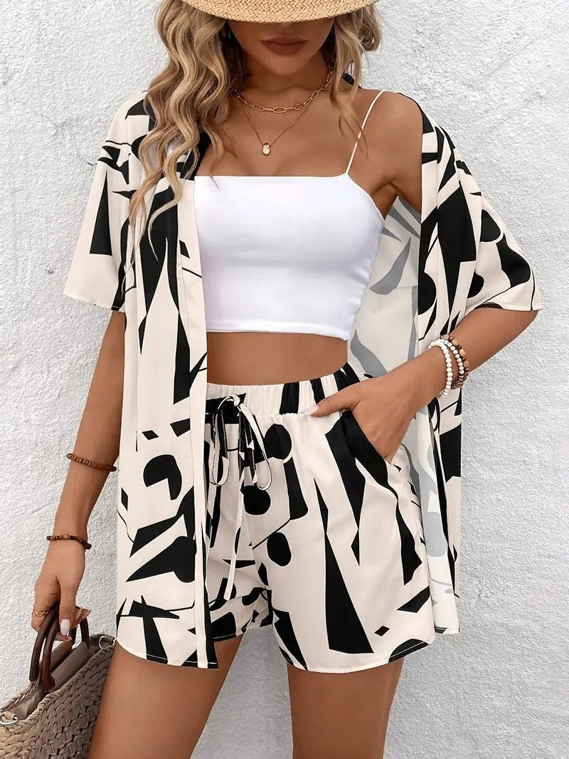 Sunny Women's 2 Piece Printed Kimono Cardigan and Shorts Set in Khaki