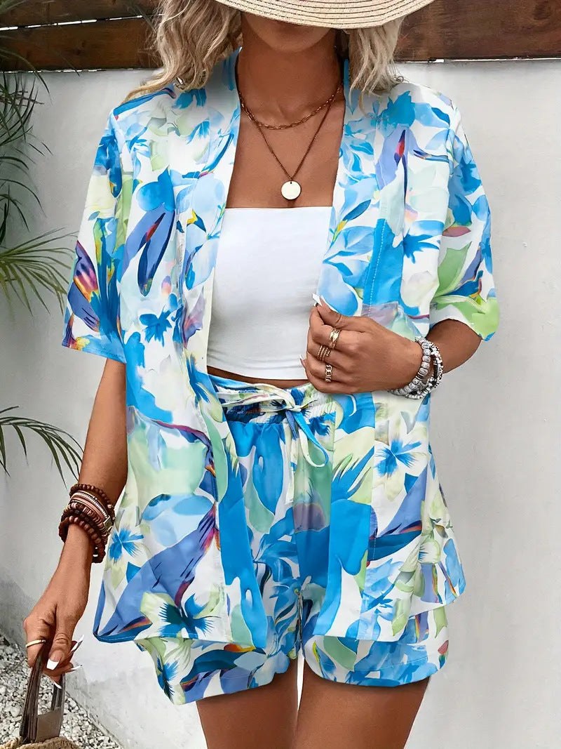 Sunny Women's 2 Piece Printed Kimono Cardigan and Shorts Set in Light Blue