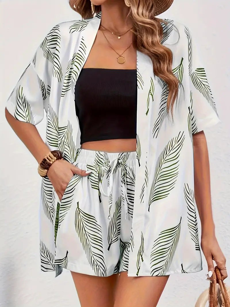 Sunny Women's 2 Piece Printed Kimono Cardigan and Shorts Set in Light Green