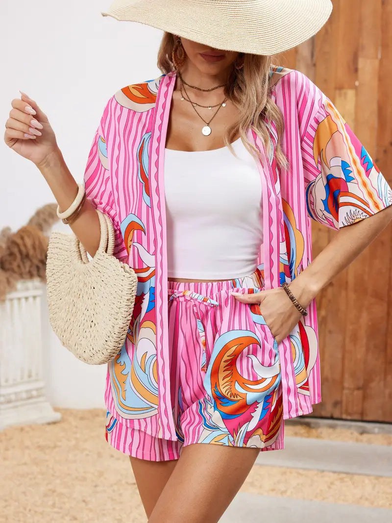 Sunny Women's 2 Piece Printed Kimono Cardigan and Shorts Set in Light Pink