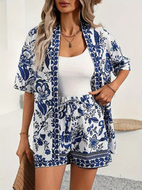 Sunny Women's 2 Piece Printed Kimono Cardigan and Shorts Set in Navy